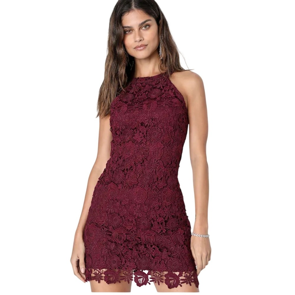 NWT Lulus Love Poem Burgundy Lace Halter Mini Dress Size M Wedding Guest Party